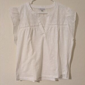 Design History Blouse Embroidered White Flutter Sleeve‎ Preppy Academia Top XL
